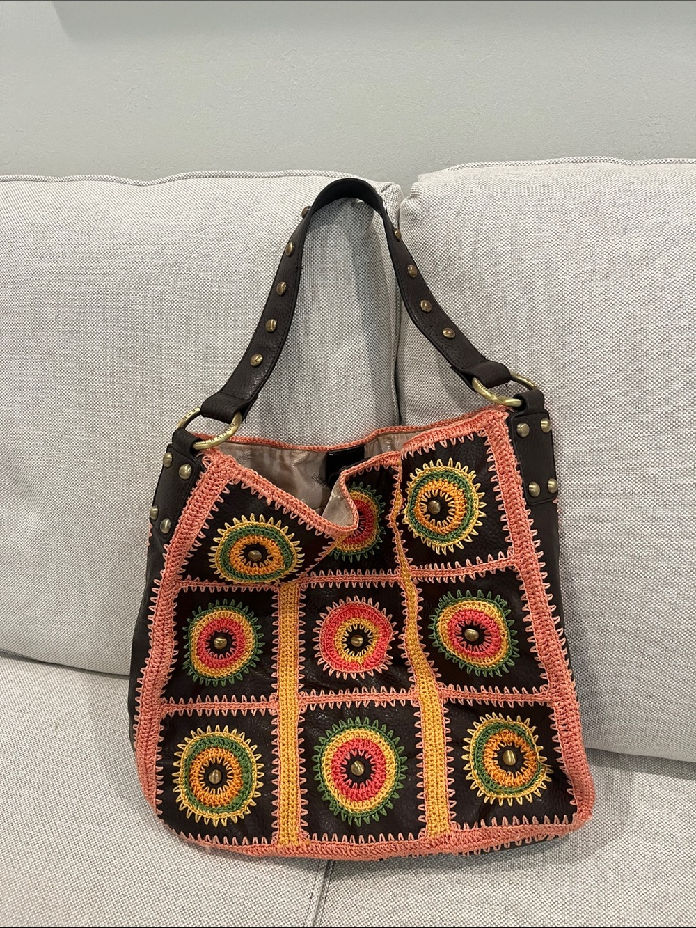 Franco Sarto Boho Brown Leather Crochet Patchwork Shoulder Bag